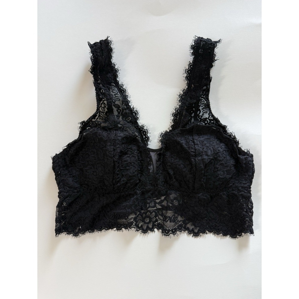 Aerie Black Eyelash Lace Padded Plunge Bralette Convertible Bra V-neck size XS